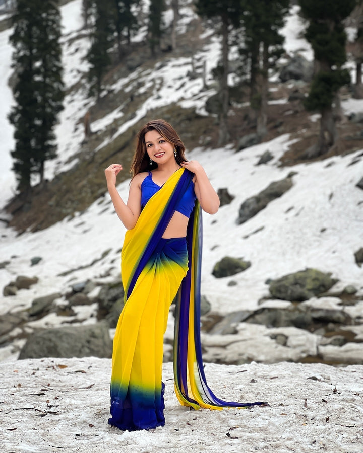 Dual-Tone Yellow Blue Georgette Printed Saree for Daily & Festive Look