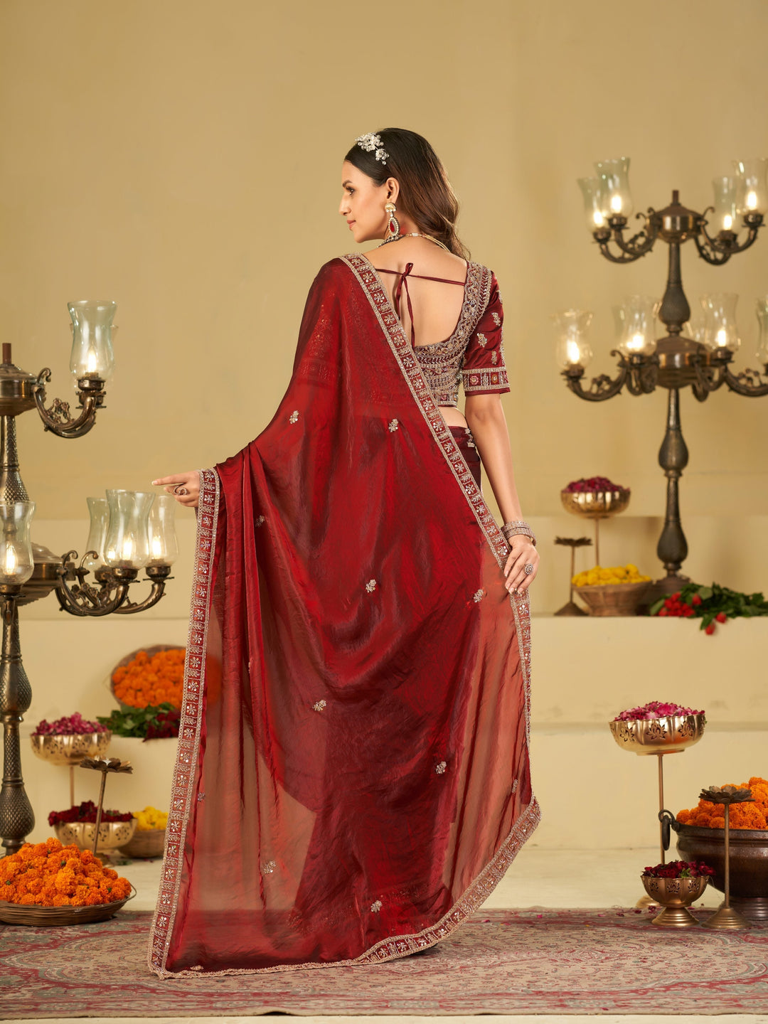 Wine Red Designer Fendy Satin Saree with Heavy Embroidered Blouse & Zari Border | Premium Wedding & Festive Wear Saree