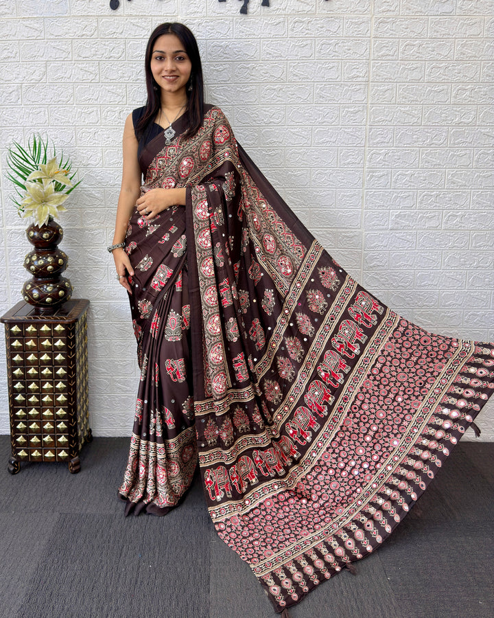 Chocolate Brown Modal Silk Saree with Elephant Motif Heritage Print & Designer Pallu | Traditional Festive Wear Saree