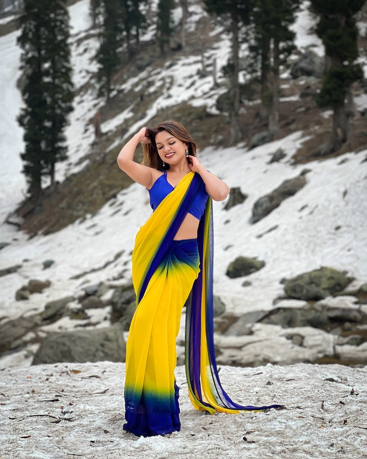 Dual-Tone Yellow Blue Georgette Printed Saree for Daily & Festive Look