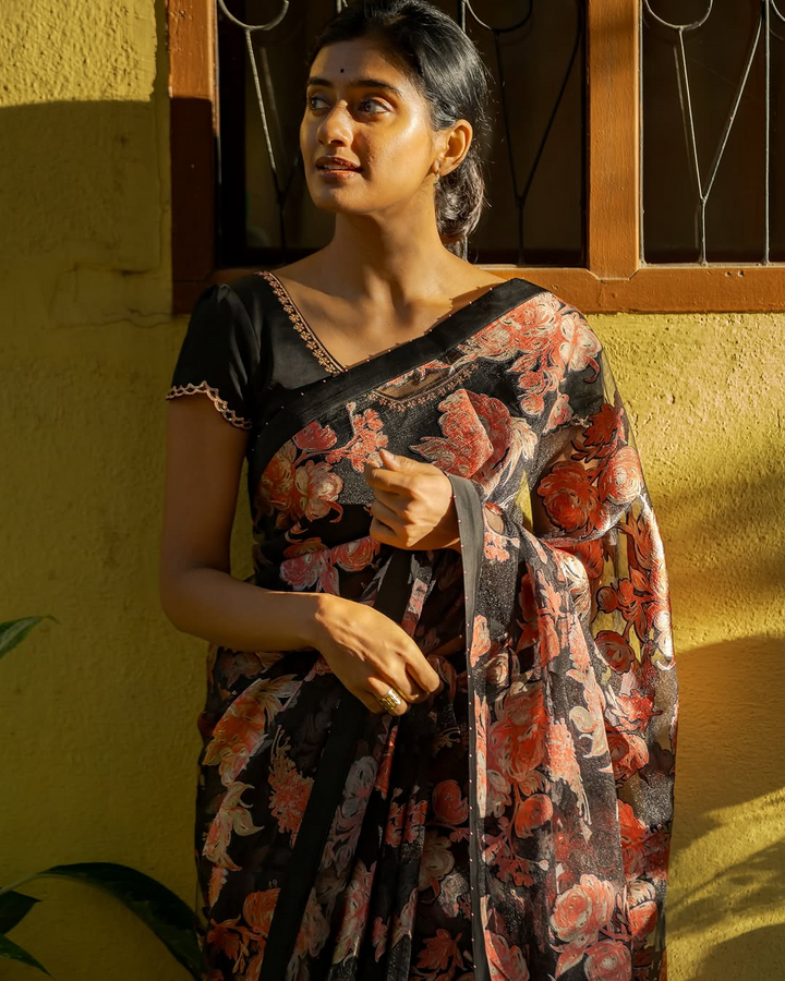 Midnight Bloom Black Georgette Saree with Vintage Rose Floral Print & Matching Blouse Fabric
