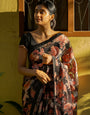 Midnight Bloom Black Georgette Saree with Vintage Rose Floral Print & Matching Blouse Fabric