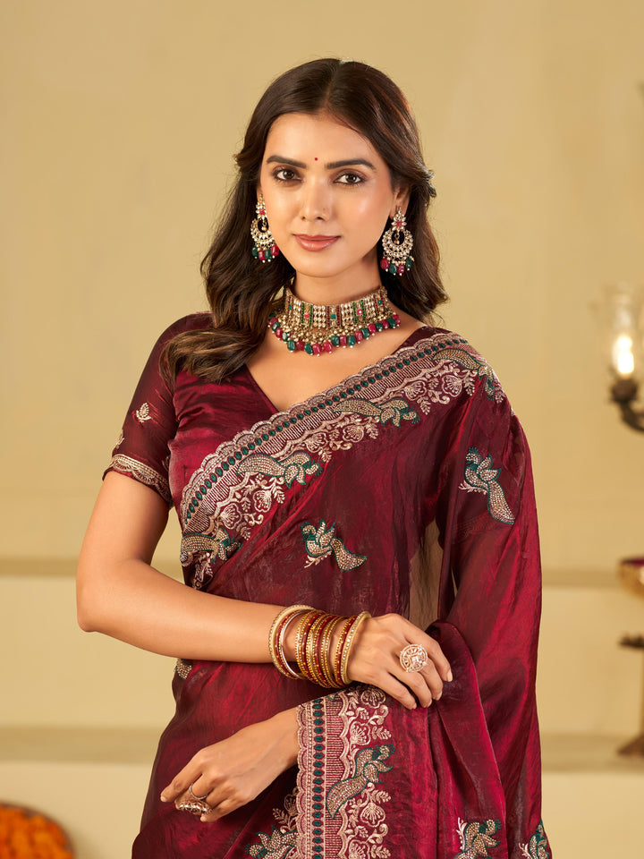 Wine Maroon Designer Fendy Satin Saree with Heavy Embroidered Border | Premium Festive Party Wear Saree with Elegant Embroidery & Matching Blouse