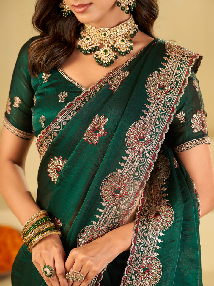 Emerald Green Designer Fendy Satin Saree with Heavy Embroidered Border | Premium Festive Party Wear Saree with Elegant Floral Embroidery & Matching Blouse