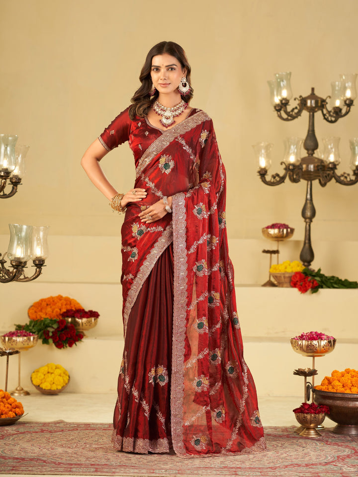 Wine Red Designer Fendy Satin Saree with Floral Embroidery Work | Premium Party Wear Embroidered Saree with Blouse