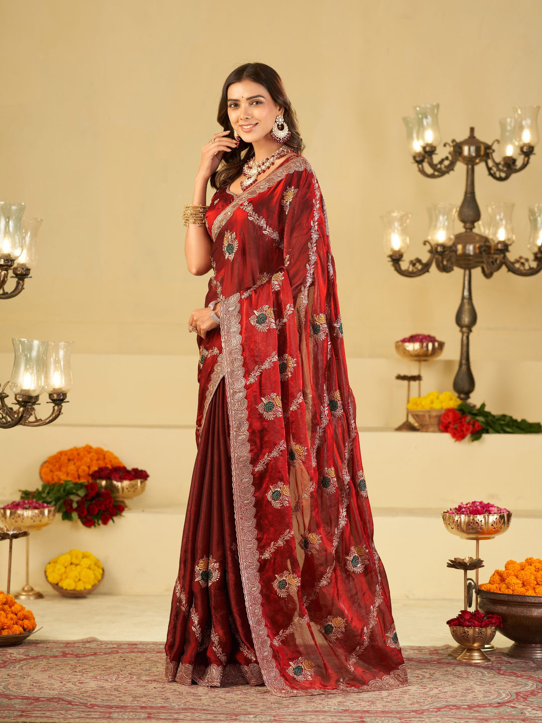 Wine Red Designer Fendy Satin Saree with Floral Embroidery Work | Premium Party Wear Embroidered Saree with Blouse