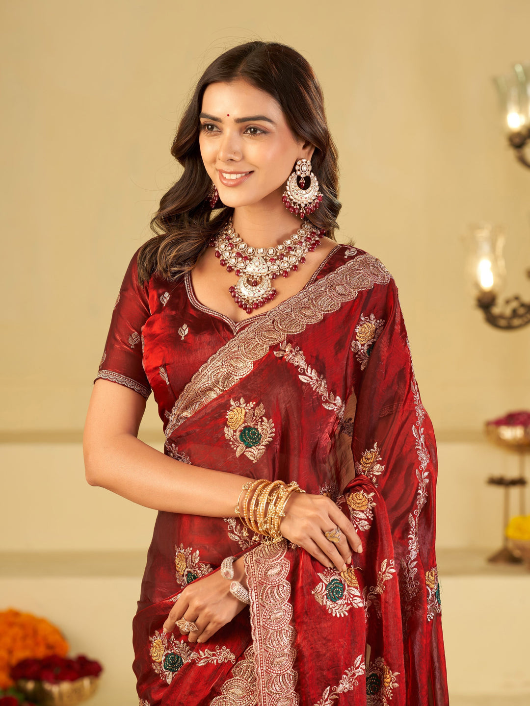 Wine Red Designer Fendy Satin Saree with Floral Embroidery Work | Premium Party Wear Embroidered Saree with Blouse