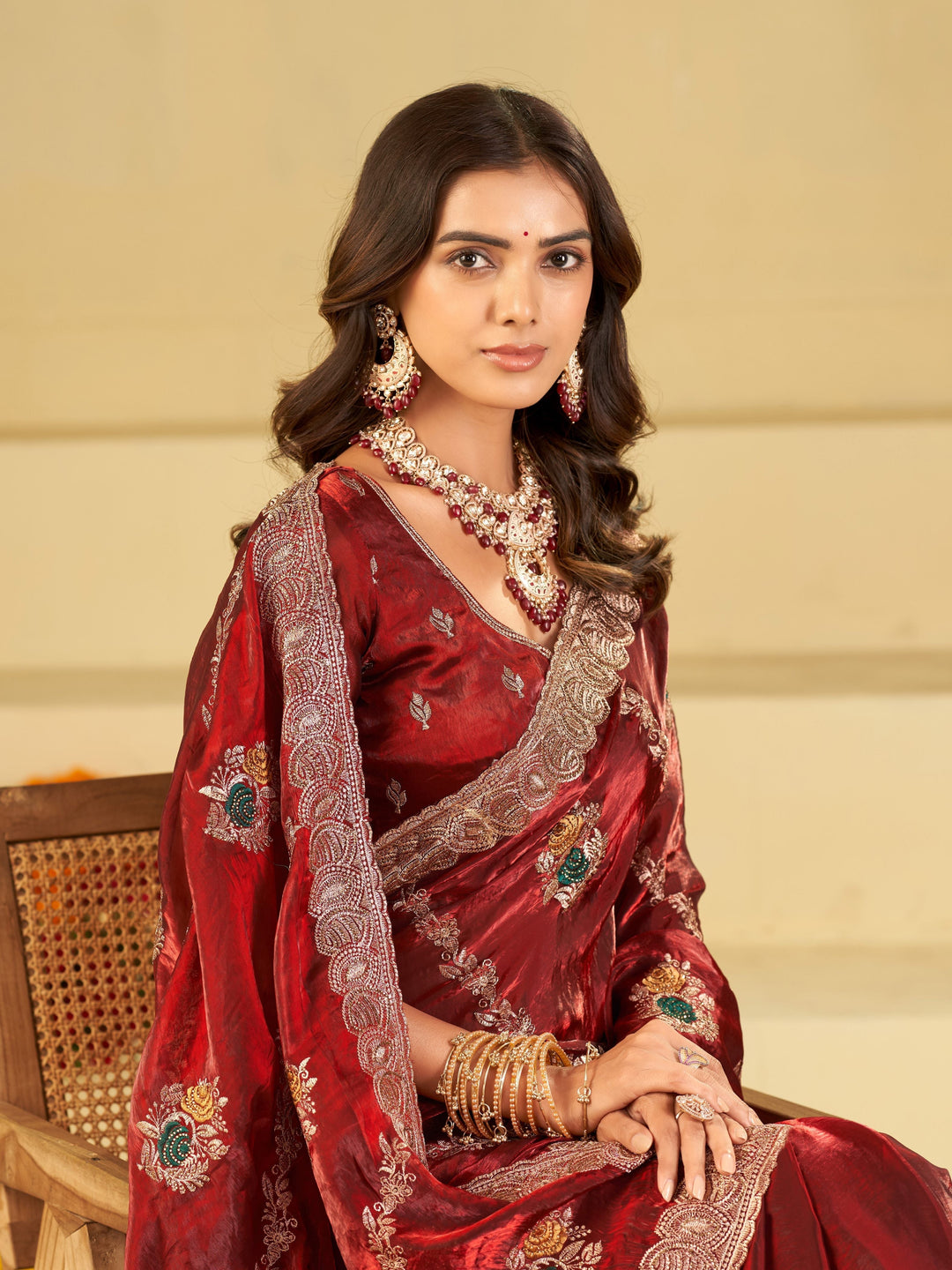 Wine Red Designer Fendy Satin Saree with Floral Embroidery Work | Premium Party Wear Embroidered Saree with Blouse