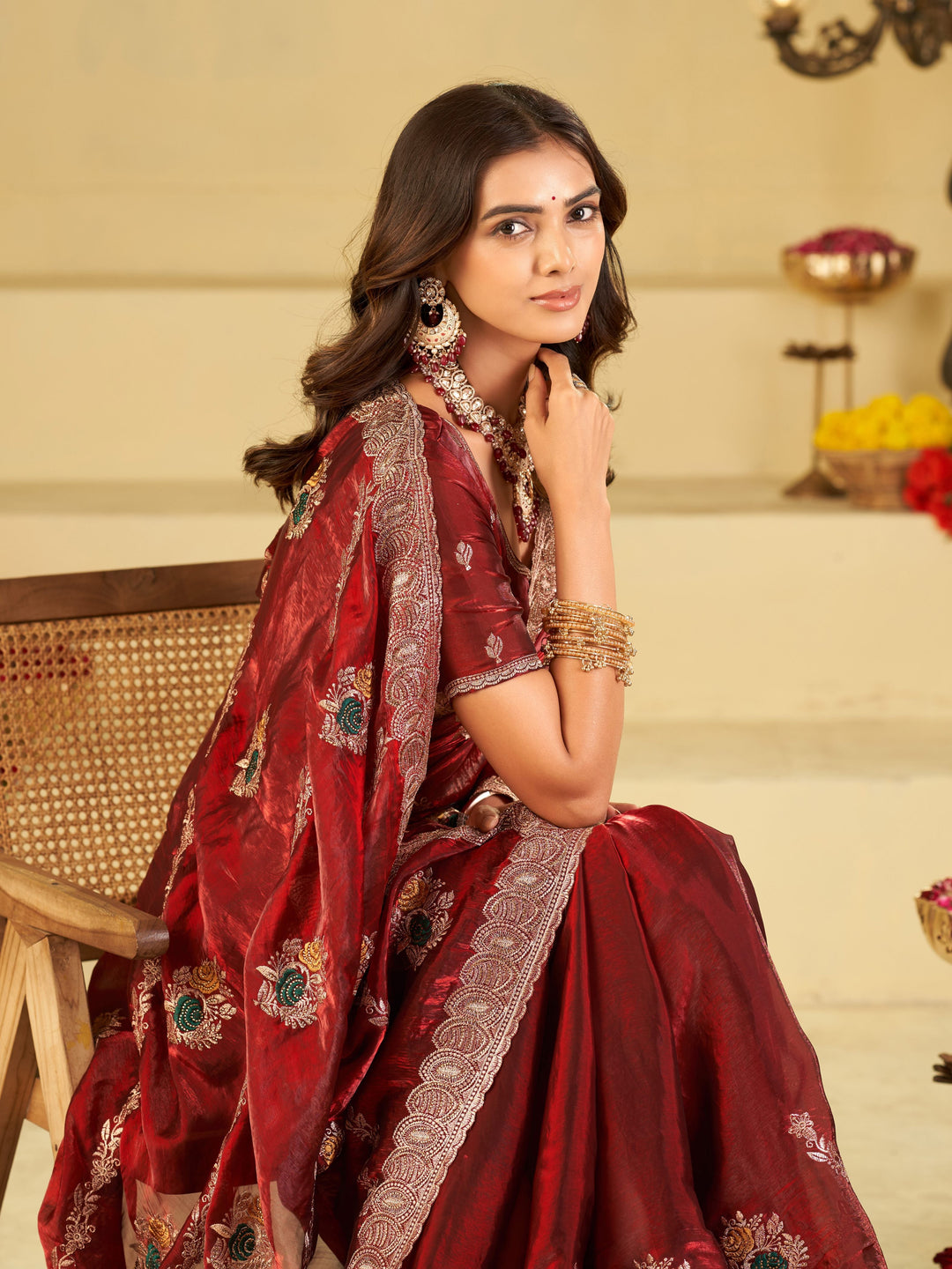 Wine Red Designer Fendy Satin Saree with Floral Embroidery Work | Premium Party Wear Embroidered Saree with Blouse