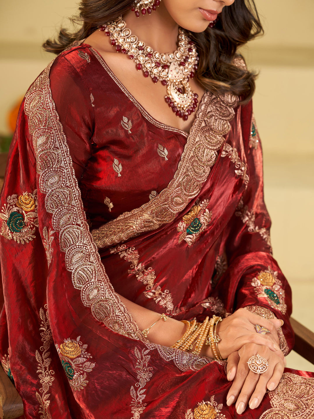 Wine Red Designer Fendy Satin Saree with Floral Embroidery Work | Premium Party Wear Embroidered Saree with Blouse