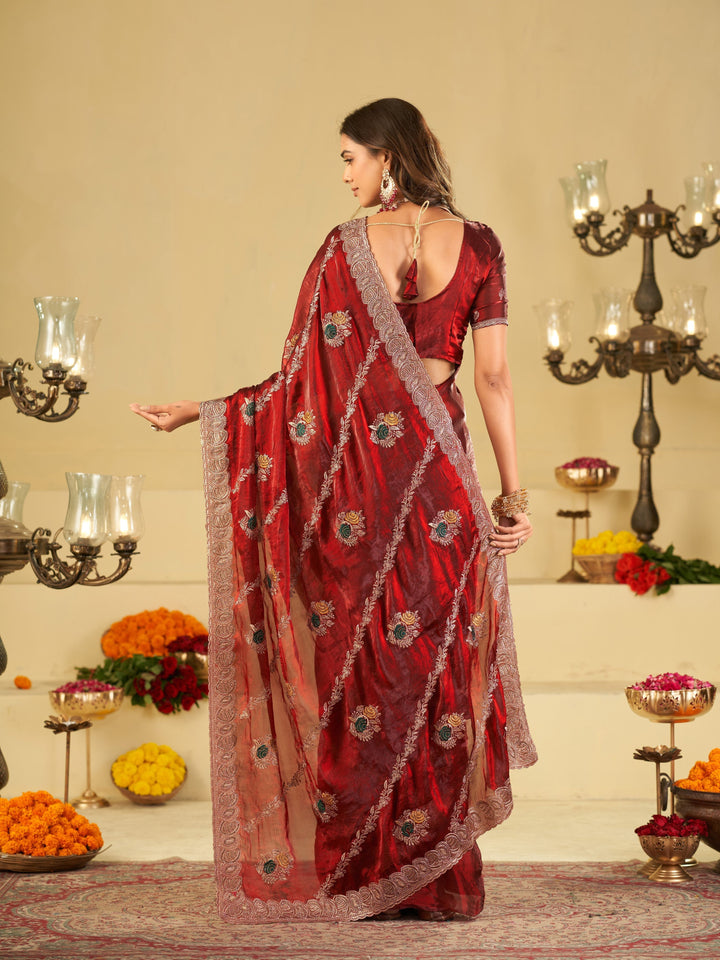 Wine Red Designer Fendy Satin Saree with Floral Embroidery Work | Premium Party Wear Embroidered Saree with Blouse