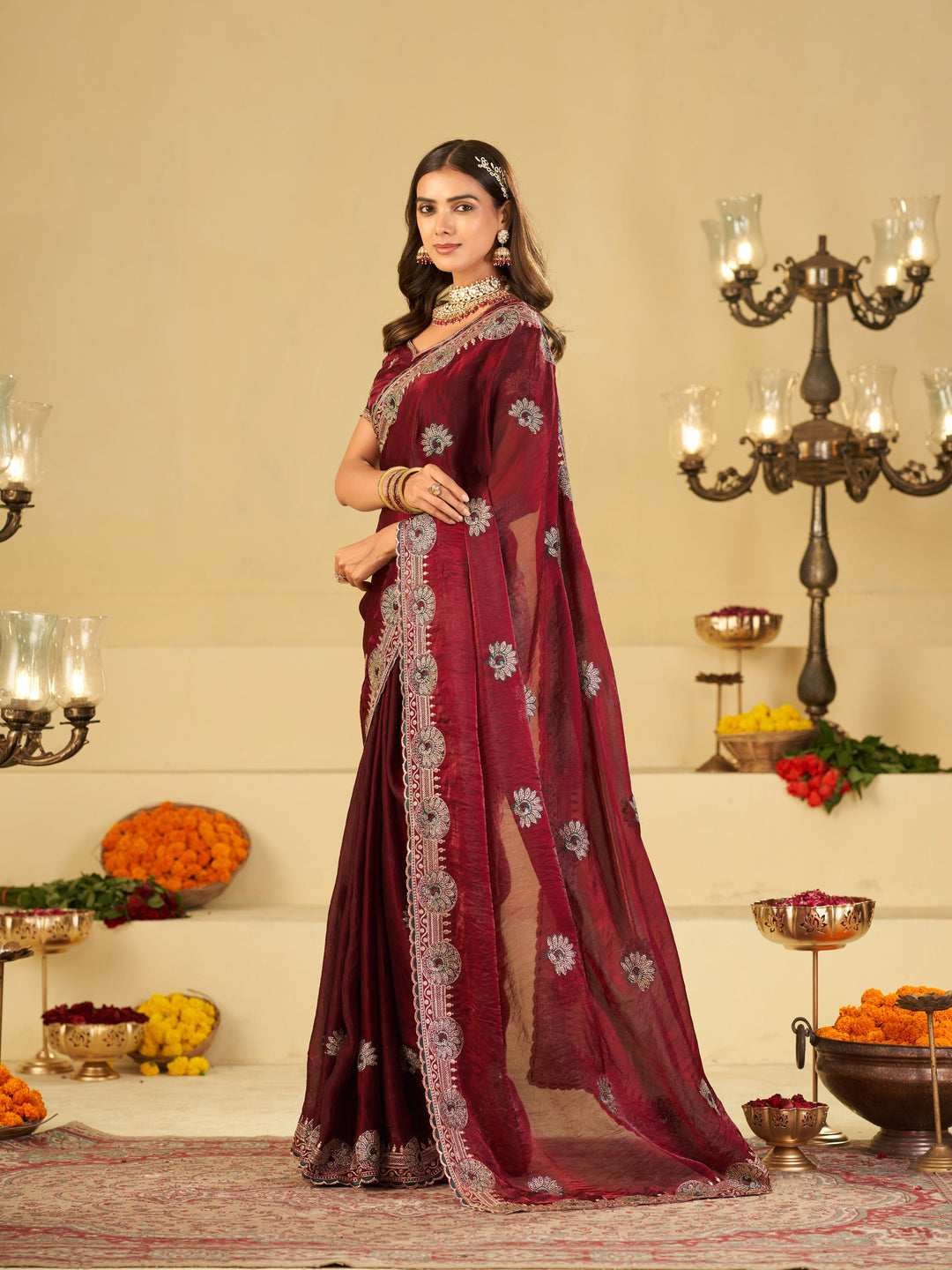 Wine Maroon Designer Fendy Satin Saree with Heavy Embroidered Border | Elegant Party Wear Festive Saree with Floral Embroidery & Matching Blouse