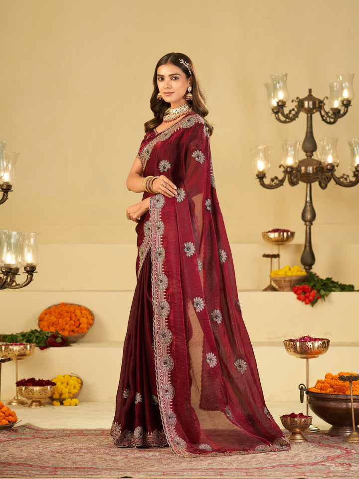Wine Maroon Designer Fendy Satin Saree with Heavy Embroidered Border | Elegant Party Wear Festive Saree with Floral Embroidery & Matching Blouse