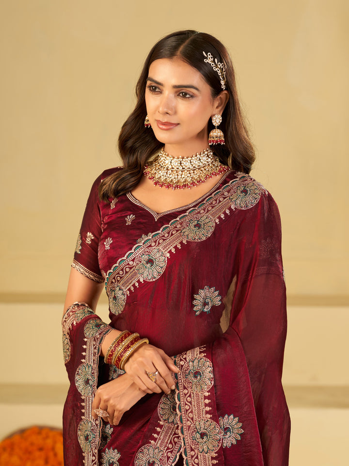 Wine Maroon Designer Fendy Satin Saree with Heavy Embroidered Border | Elegant Party Wear Festive Saree with Floral Embroidery & Matching Blouse
