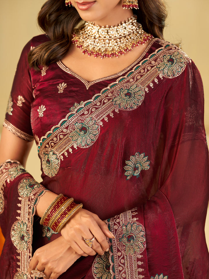 Wine Maroon Designer Fendy Satin Saree with Heavy Embroidered Border | Elegant Party Wear Festive Saree with Floral Embroidery & Matching Blouse