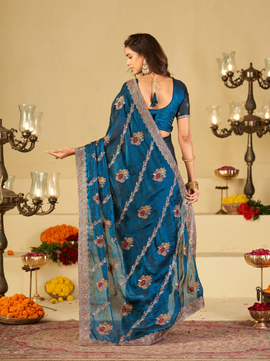 Teal Blue Designer Fendy Satin Saree with Floral Embroidery Work | Premium Party Wear Embroidered Saree with Blouse