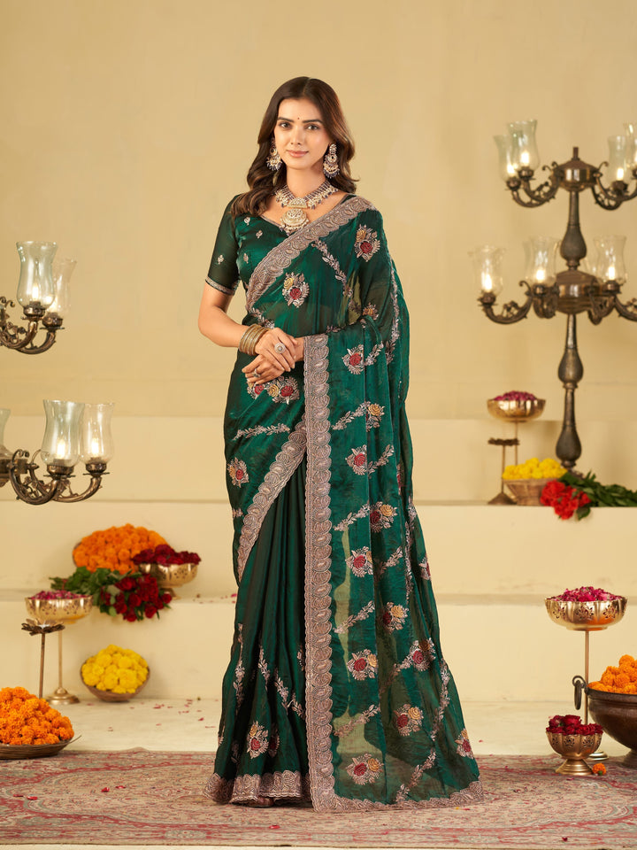 Emerald Green Designer Fendy Satin Saree with Floral Embroidery Work | Premium Party Wear Embroidered Saree with Blouse