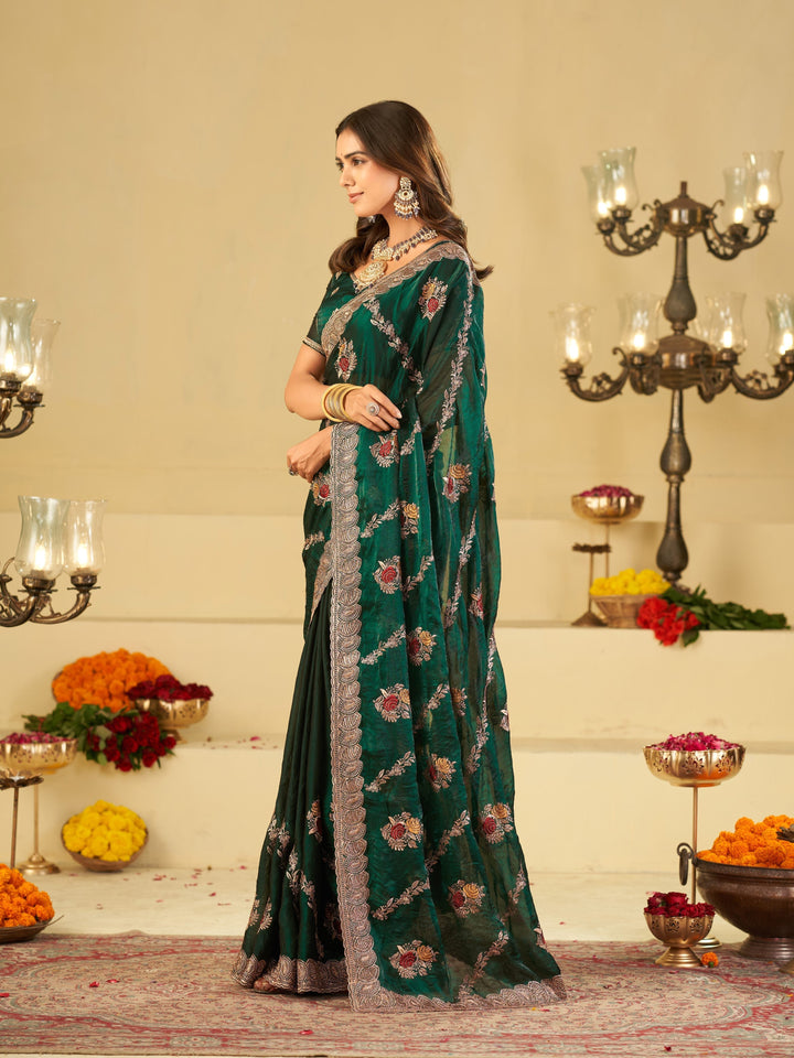 Emerald Green Designer Fendy Satin Saree with Floral Embroidery Work | Premium Party Wear Embroidered Saree with Blouse