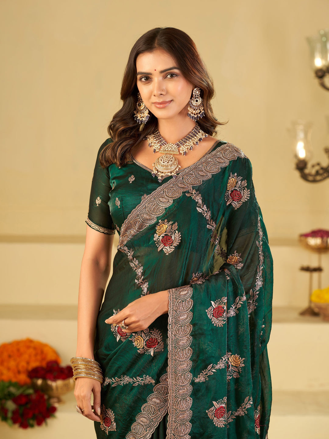 Emerald Green Designer Fendy Satin Saree with Floral Embroidery Work | Premium Party Wear Embroidered Saree with Blouse