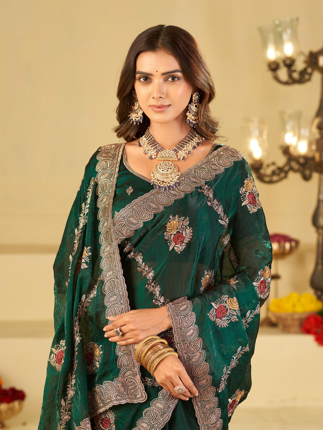 Emerald Green Designer Fendy Satin Saree with Floral Embroidery Work | Premium Party Wear Embroidered Saree with Blouse