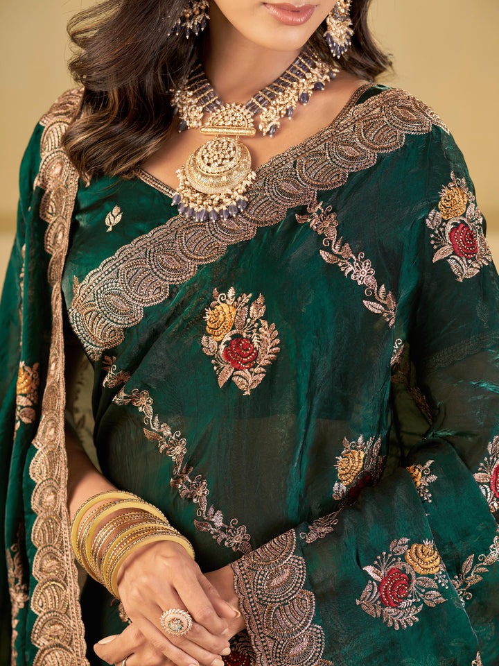 Emerald Green Designer Fendy Satin Saree with Floral Embroidery Work | Premium Party Wear Embroidered Saree with Blouse