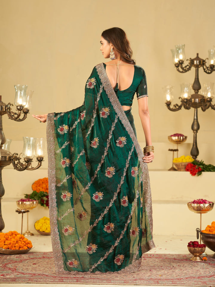 Emerald Green Designer Fendy Satin Saree with Floral Embroidery Work | Premium Party Wear Embroidered Saree with Blouse