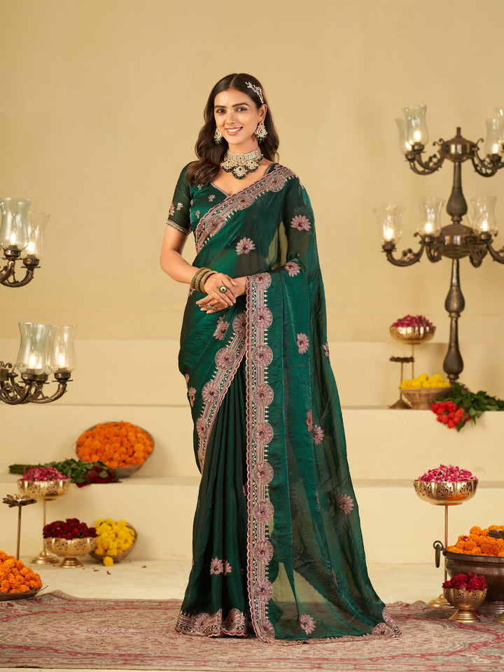 Emerald Green Designer Fendy Satin Saree with Heavy Embroidered Border | Premium Festive Party Wear Saree with Elegant Floral Embroidery & Matching Blouse