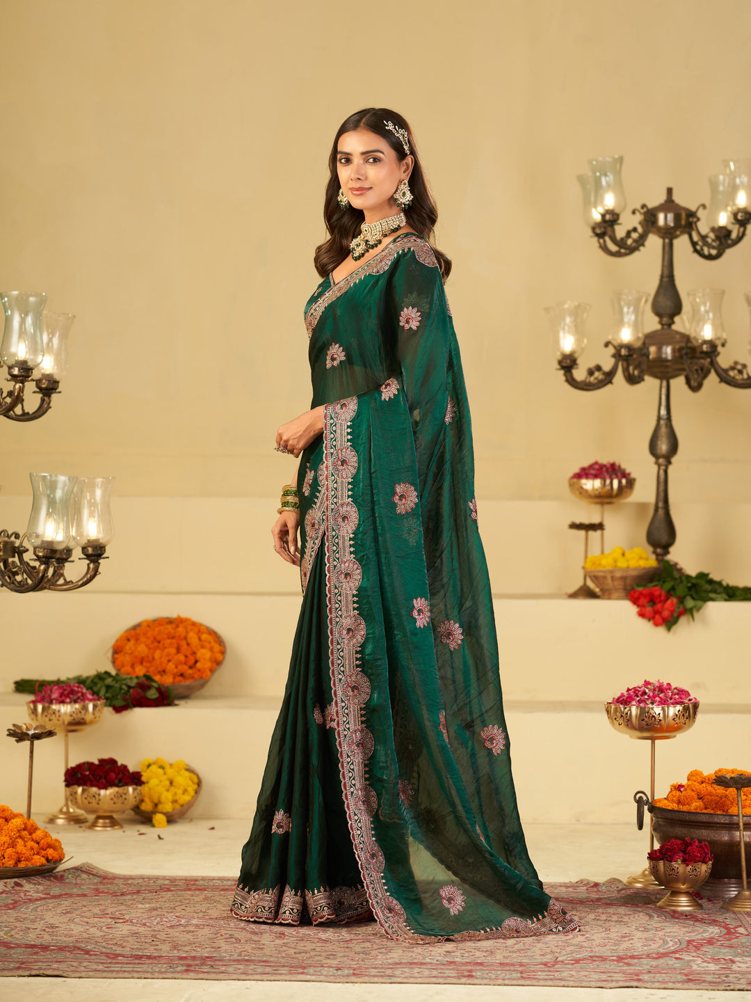 Emerald Green Designer Fendy Satin Saree with Heavy Embroidered Border | Premium Festive Party Wear Saree with Elegant Floral Embroidery & Matching Blouse
