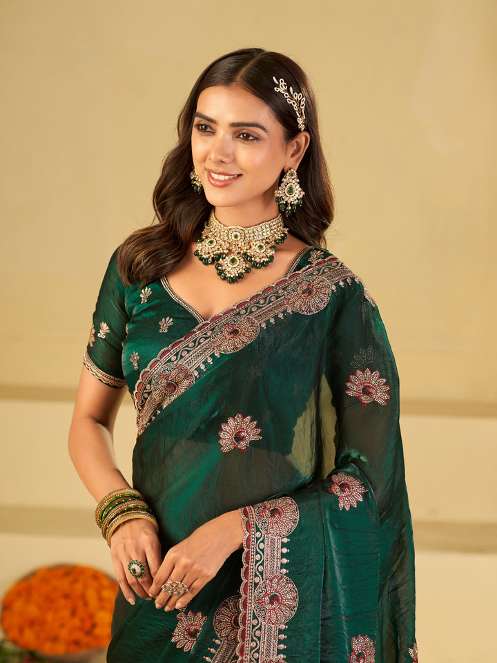 Emerald Green Designer Fendy Satin Saree with Heavy Embroidered Border | Premium Festive Party Wear Saree with Elegant Floral Embroidery & Matching Blouse