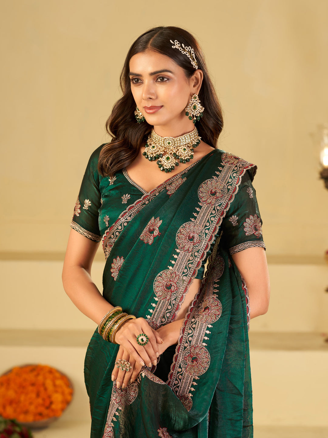 Emerald Green Designer Fendy Satin Saree with Heavy Embroidered Border | Premium Festive Party Wear Saree with Elegant Floral Embroidery & Matching Blouse