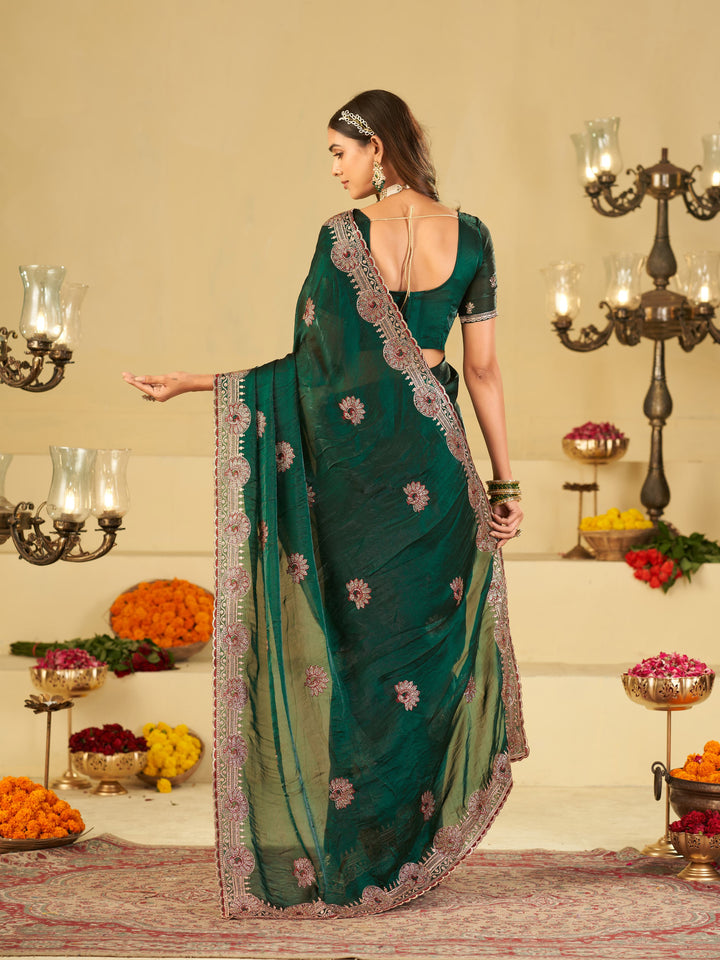 Emerald Green Designer Fendy Satin Saree with Heavy Embroidered Border | Premium Festive Party Wear Saree with Elegant Floral Embroidery & Matching Blouse