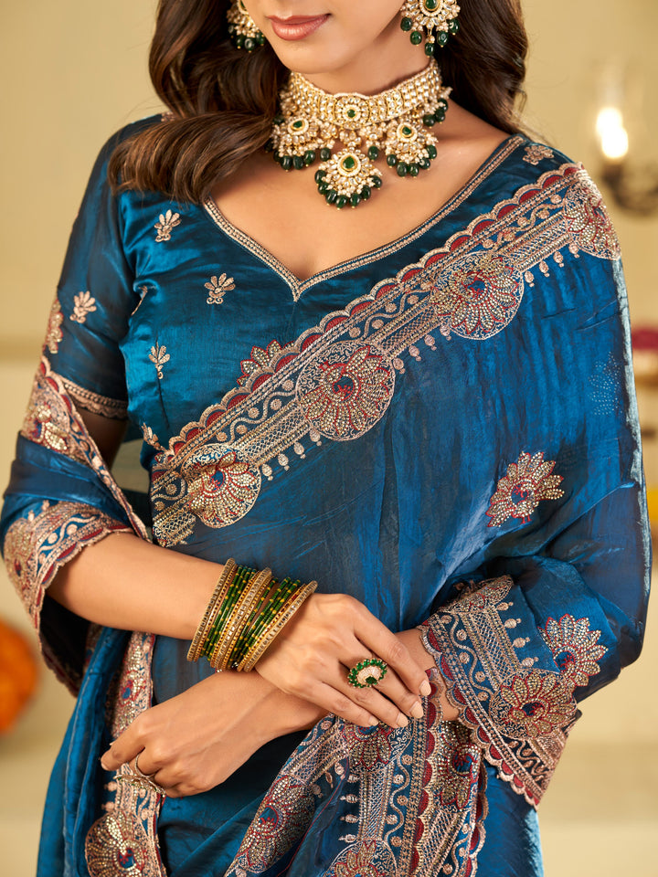 Royal Blue Designer Fendy Satin Saree with Heavy Embroidered Border | Premium Festive Party Wear Saree with Elegant Floral Embroidery & Matching Blouse