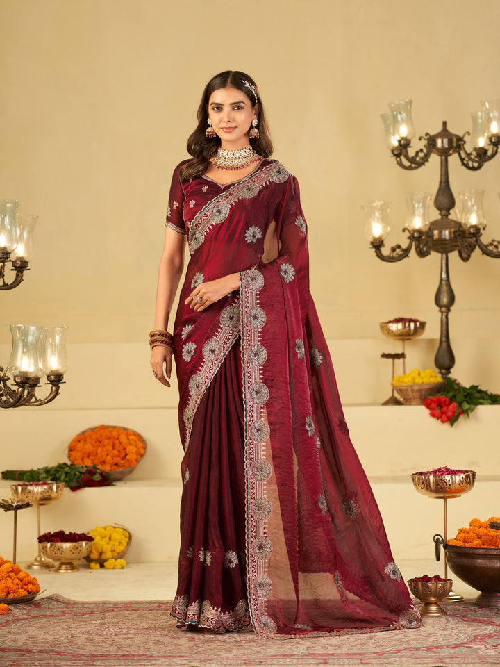 Wine Maroon Designer Fendy Satin Saree with Heavy Embroidered Border | Elegant Party Wear Festive Saree with Floral Embroidery & Matching Blouse