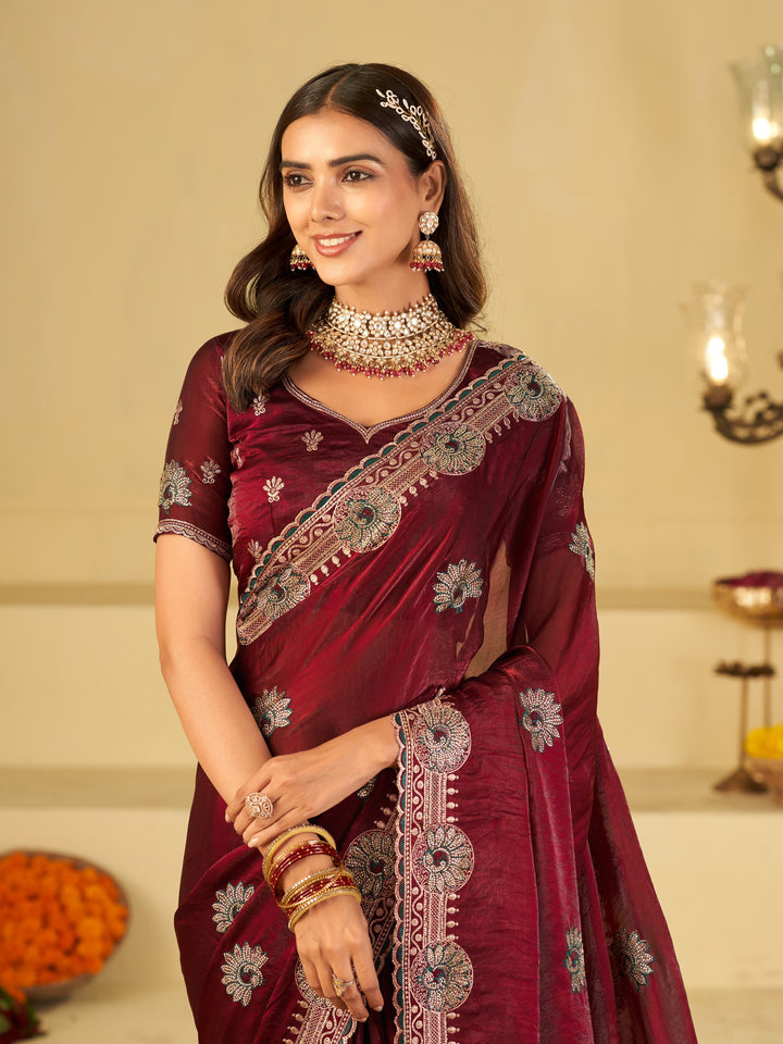 Wine Maroon Designer Fendy Satin Saree with Heavy Embroidered Border | Elegant Party Wear Festive Saree with Floral Embroidery & Matching Blouse