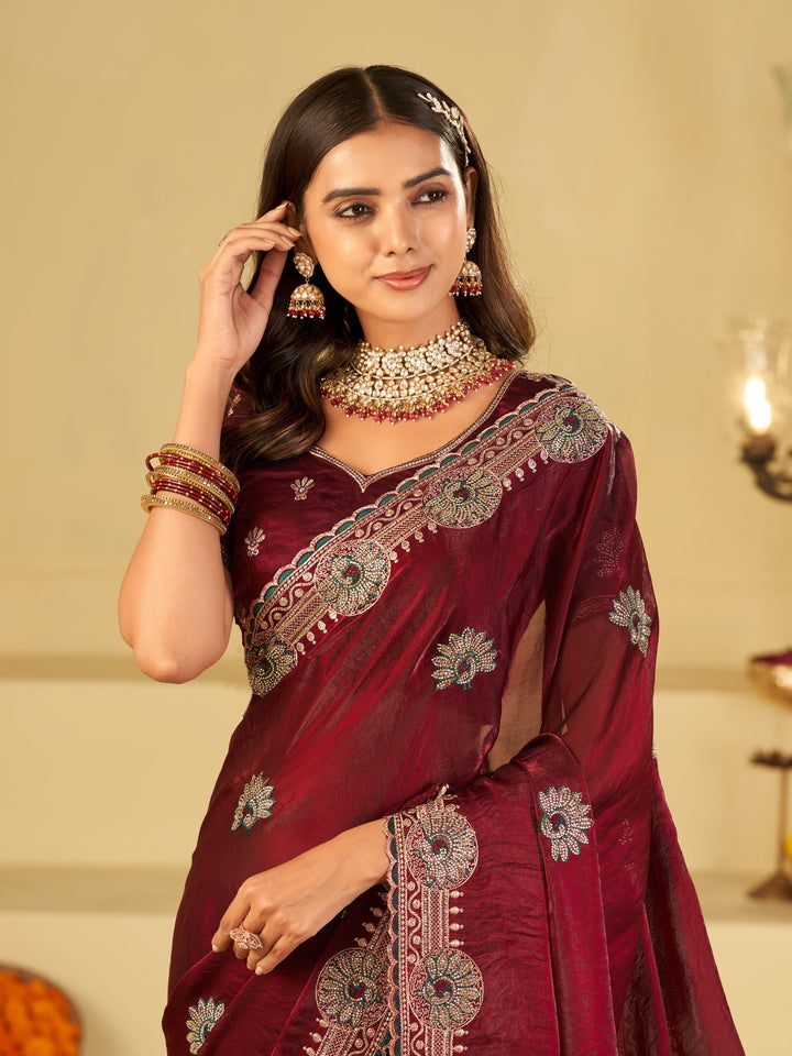 Wine Maroon Designer Fendy Satin Saree with Heavy Embroidered Border | Elegant Party Wear Festive Saree with Floral Embroidery & Matching Blouse