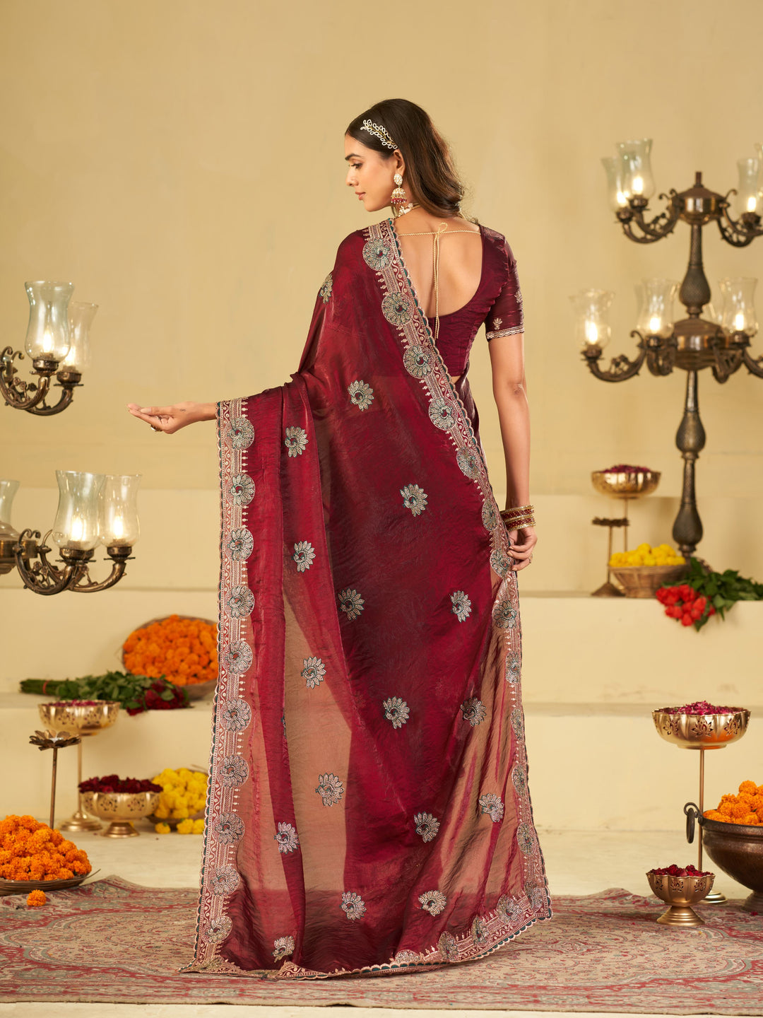 Wine Maroon Designer Fendy Satin Saree with Heavy Embroidered Border | Elegant Party Wear Festive Saree with Floral Embroidery & Matching Blouse