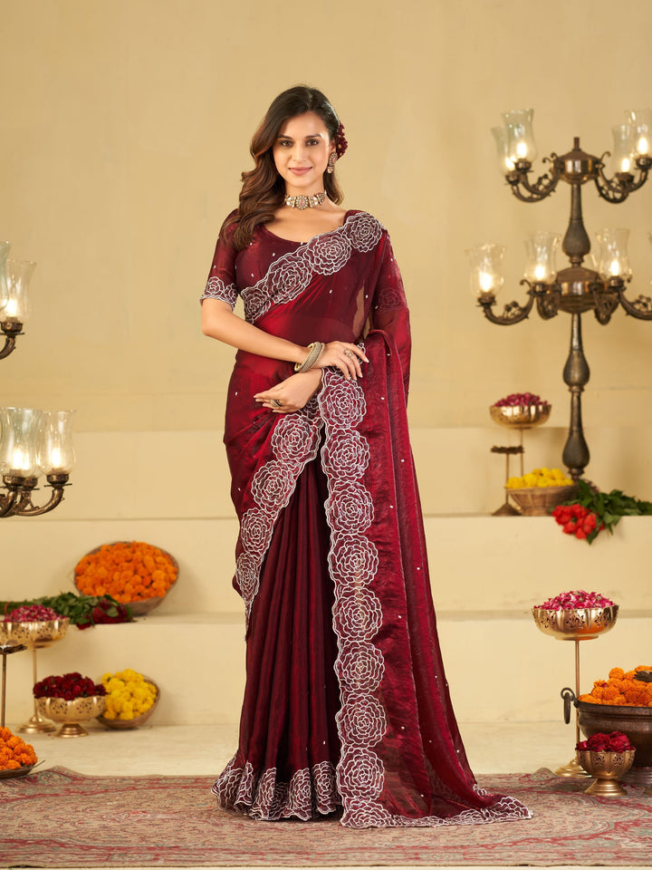 Wine Fendy Satin Saree with White Floral Embroidery Border | Elegant Designer Party Wear Saree with Blouse