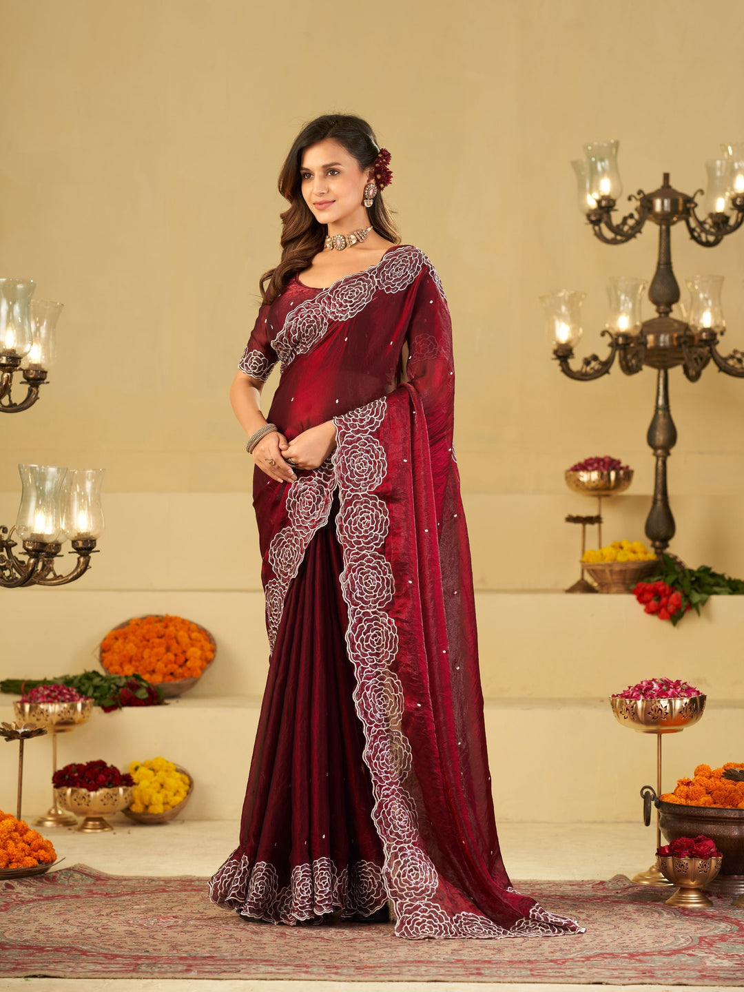 Wine Fendy Satin Saree with White Floral Embroidery Border | Elegant Designer Party Wear Saree with Blouse