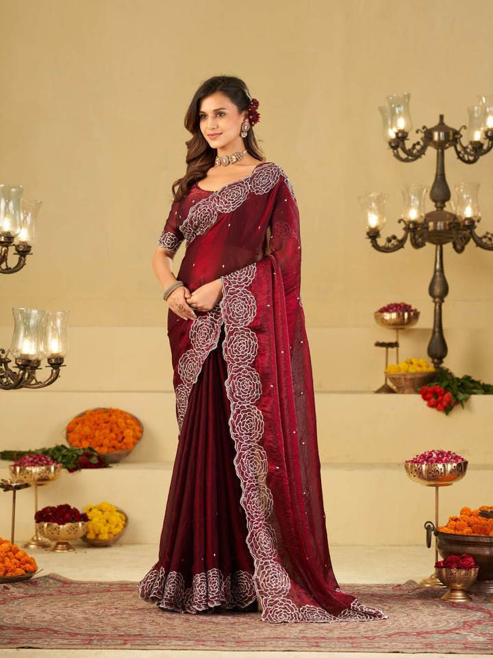 Wine Fendy Satin Saree with White Floral Embroidery Border | Elegant Designer Party Wear Saree with Blouse