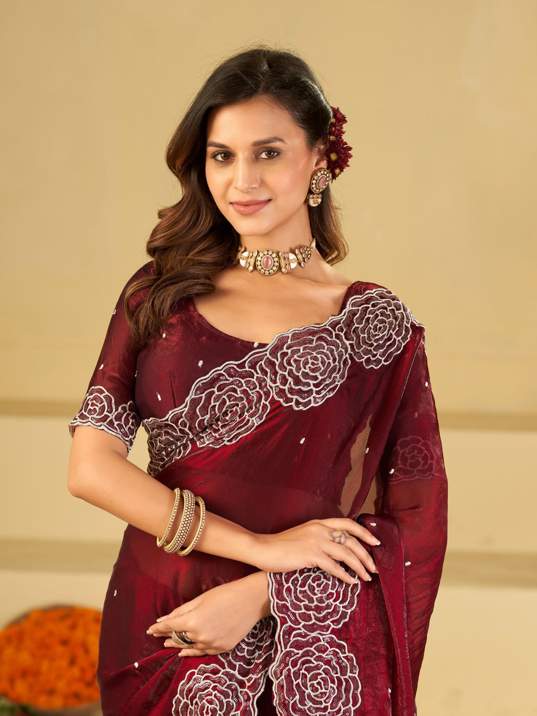 Wine Fendy Satin Saree with White Floral Embroidery Border | Elegant Designer Party Wear Saree with Blouse