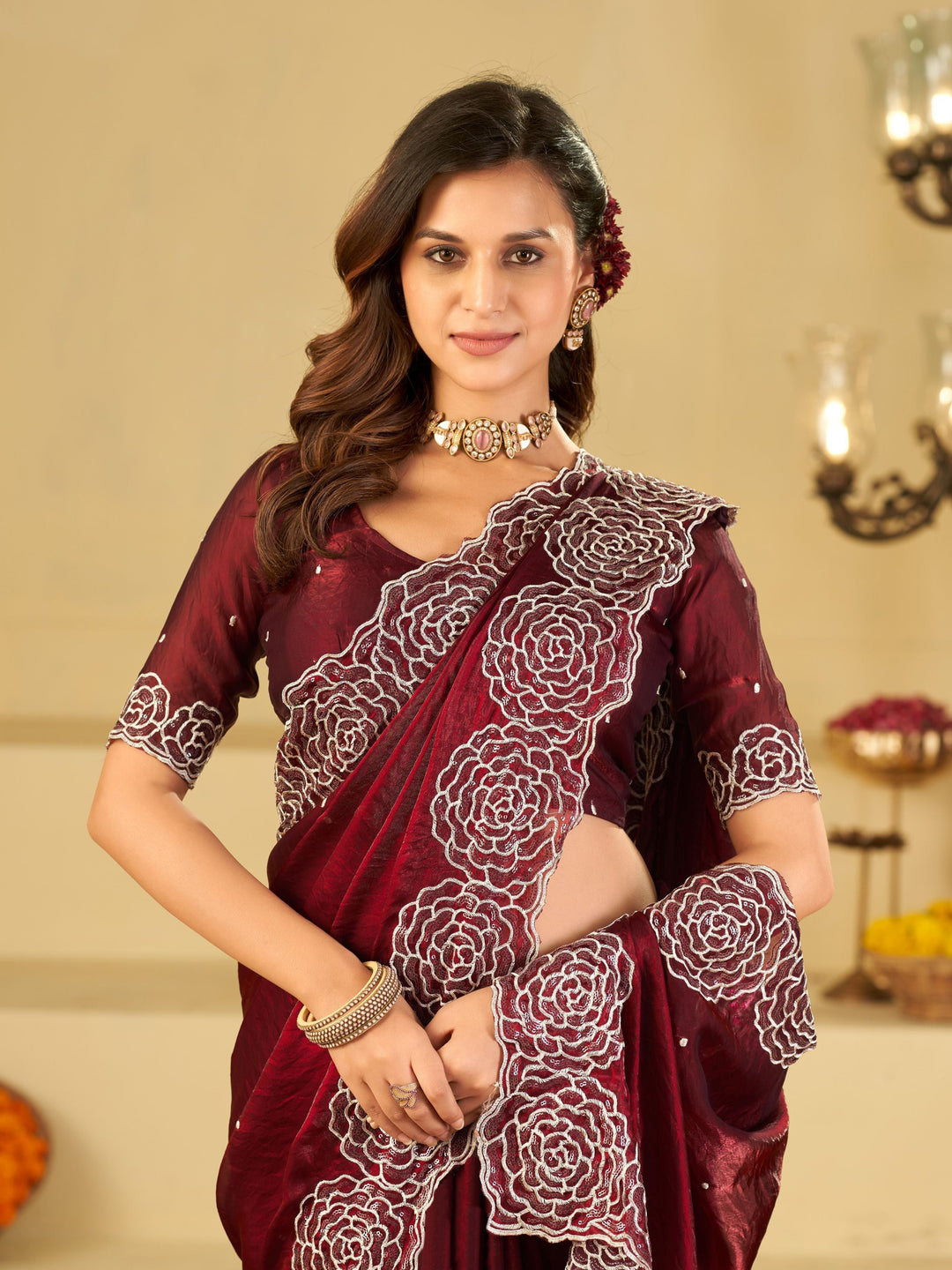 Wine Fendy Satin Saree with White Floral Embroidery Border | Elegant Designer Party Wear Saree with Blouse