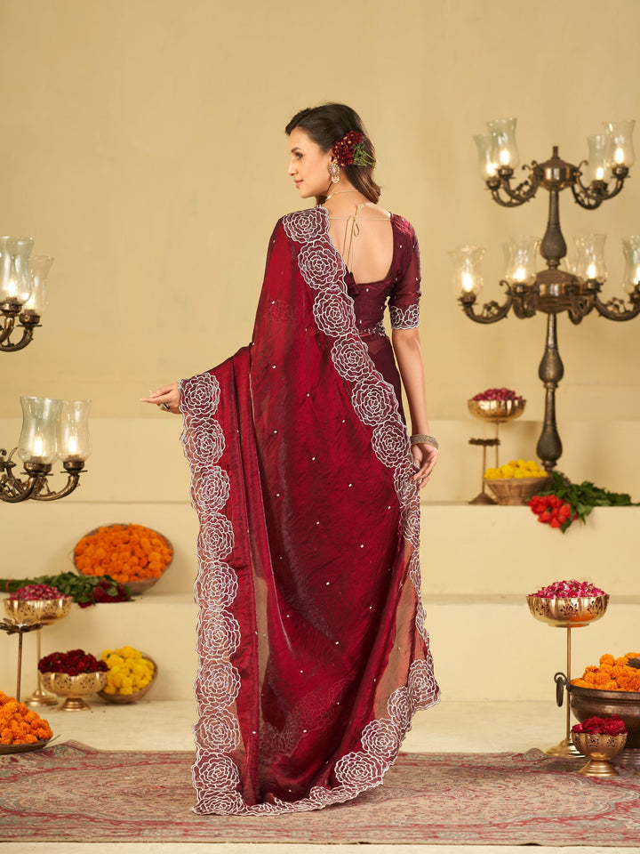 Wine Fendy Satin Saree with White Floral Embroidery Border | Elegant Designer Party Wear Saree with Blouse