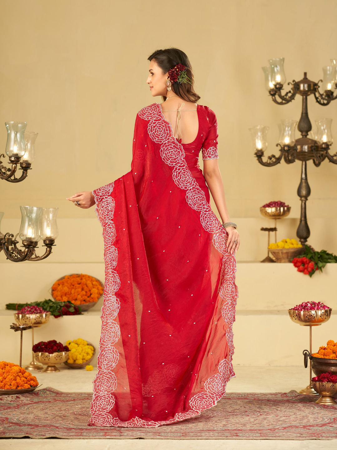 Ruby Red Fendy Satin Saree with White Floral Embroidery Border | Designer Party Wear Saree with Matching Blouse