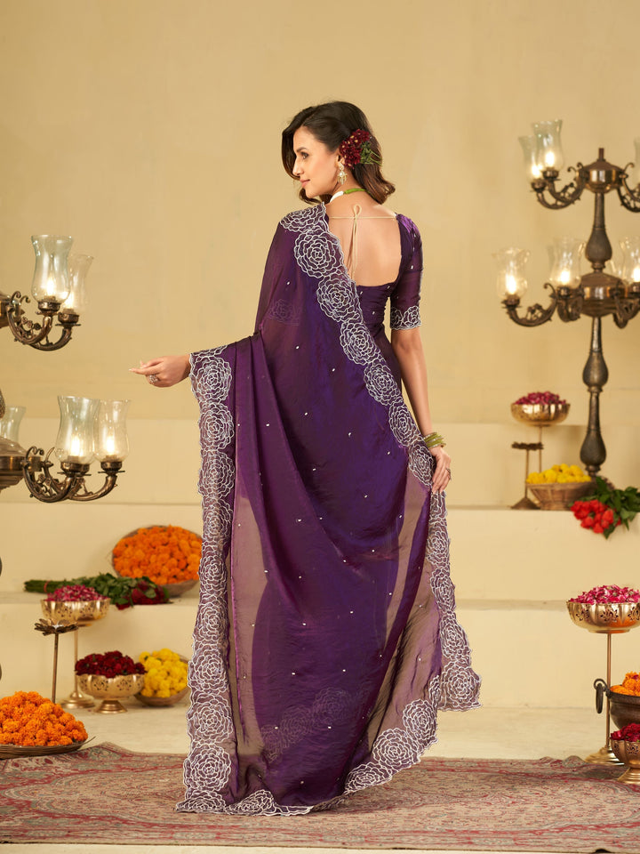 Royal Purple Fendy Satin Saree with White Floral Embroidery Border | Elegant Designer Party Wear Saree with Blouse