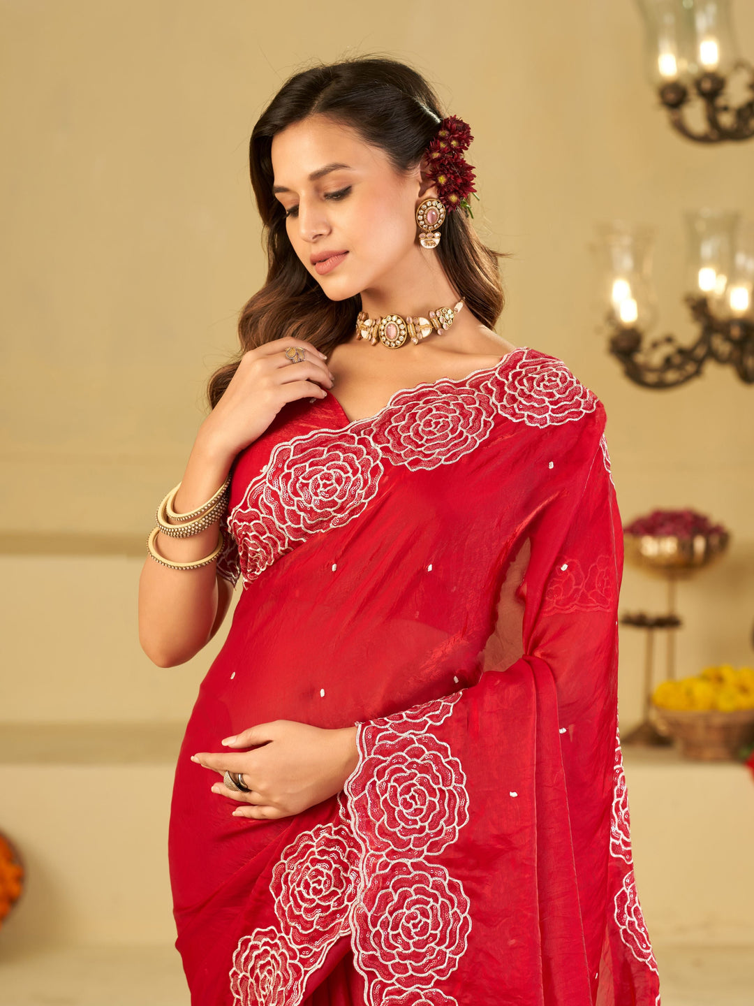 Ruby Red Fendy Satin Saree with White Floral Embroidery Border | Designer Party Wear Saree with Matching Blouse