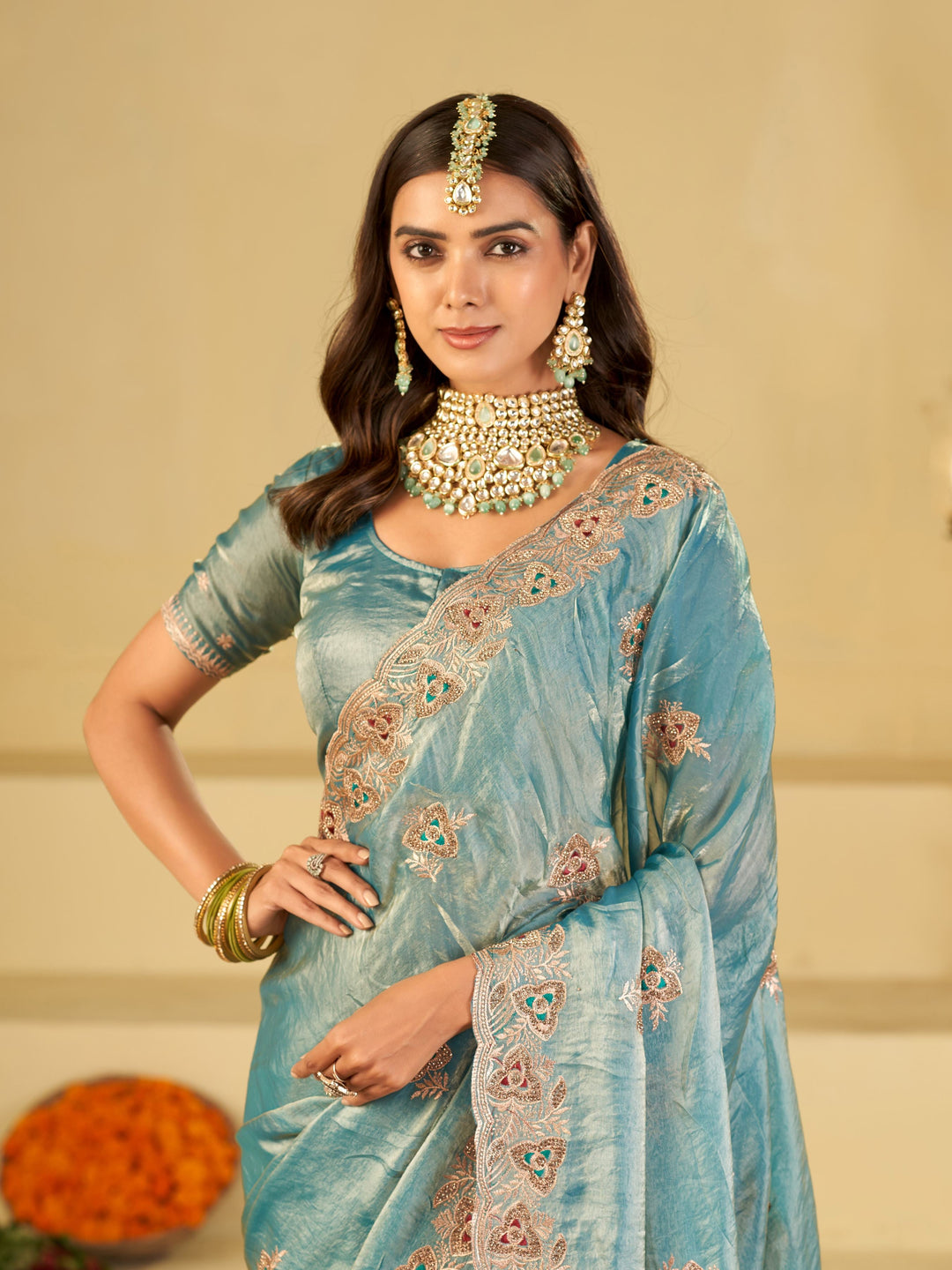 Sky Blue Designer Fendy Satin Saree with Heavy Embroidered Border | Elegant Festive Party Wear Saree with Intricate Embroidery & Matching Blouse