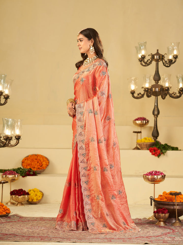 Peach Pink Designer Fendy Satin Saree with Heavy Embroidered Border | Elegant Party Wear Ethnic Saree with Intricate Embroidery & Matching Blouse