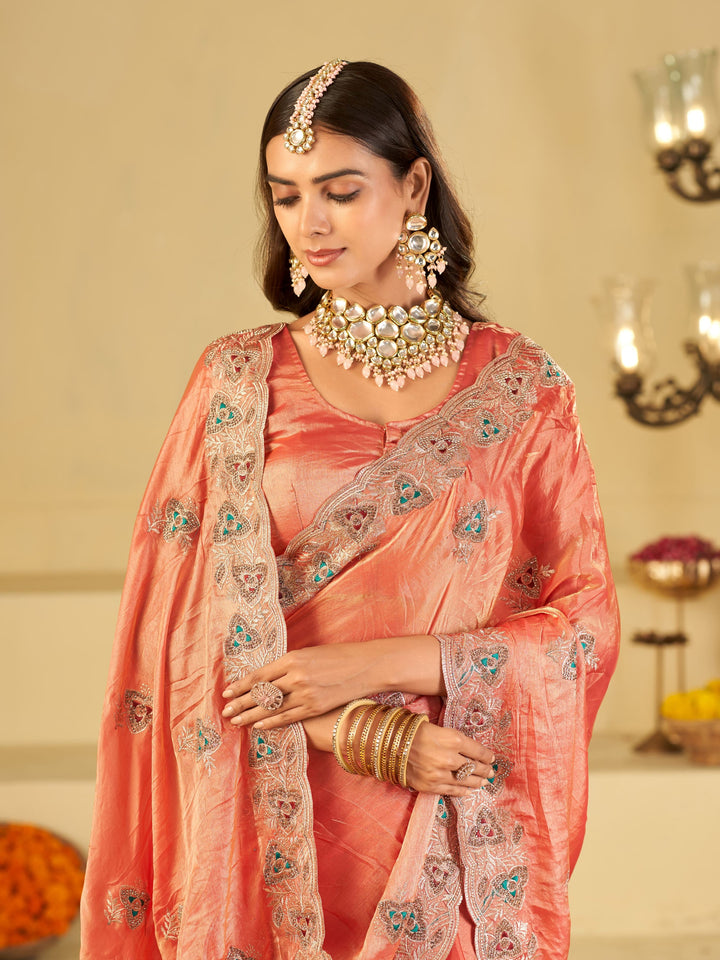Peach Pink Designer Fendy Satin Saree with Heavy Embroidered Border | Elegant Party Wear Ethnic Saree with Intricate Embroidery & Matching Blouse