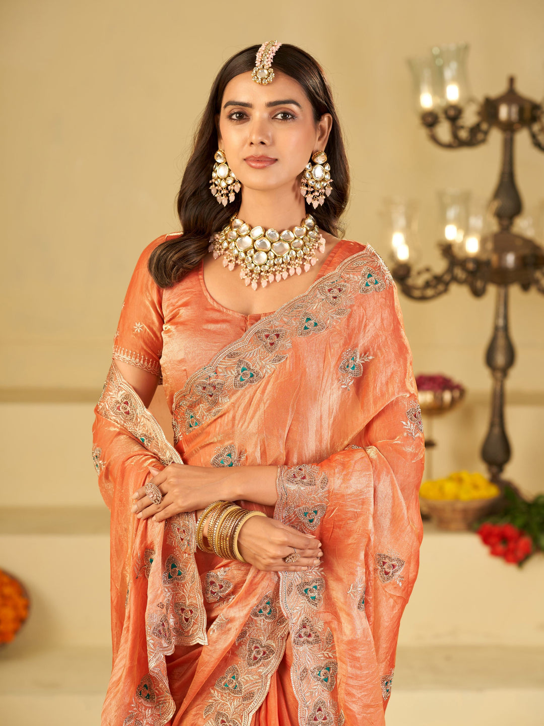 Peach Designer Fendy Satin Saree with Heavy Embroidered Border | Elegant Festive Party Wear Saree with Intricate Embroidery & Matching Blouse