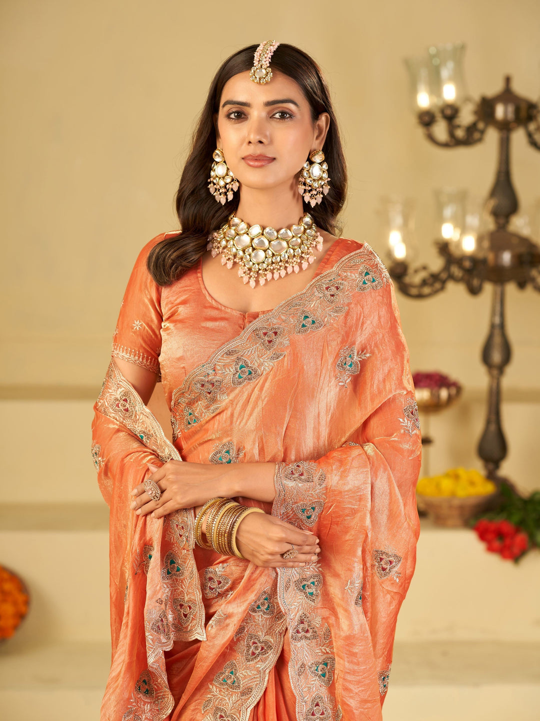 Peach Designer Fendy Satin Saree with Heavy Embroidered Border | Elegant Festive Party Wear Saree with Intricate Embroidery & Matching Blouse